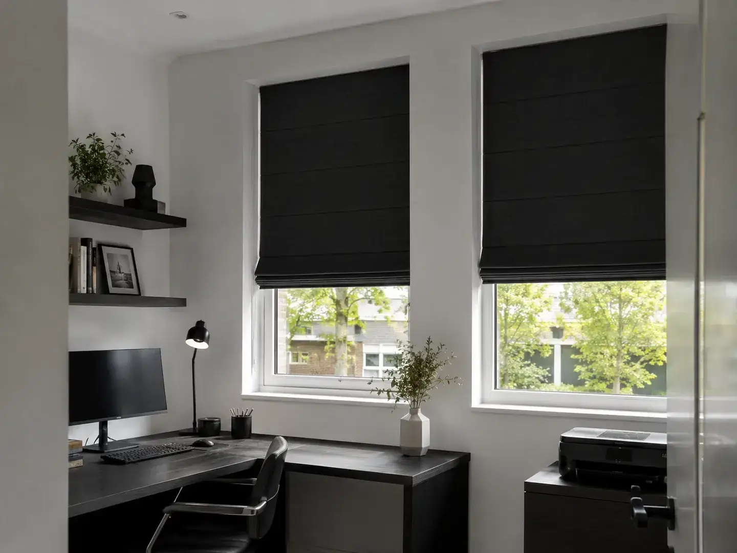 Zwarte blackout vouwgordijnen in een moderne werkkamer