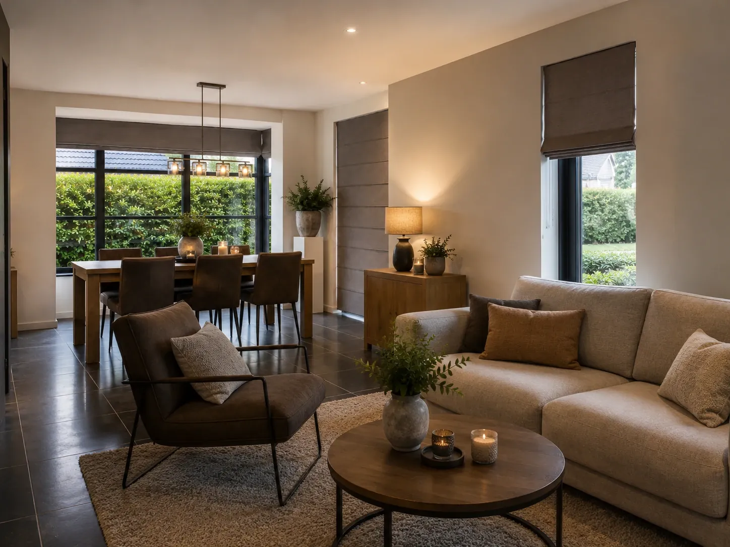 Dichte taupe vouwgordijnen in een warme woonkamer en eetkamer