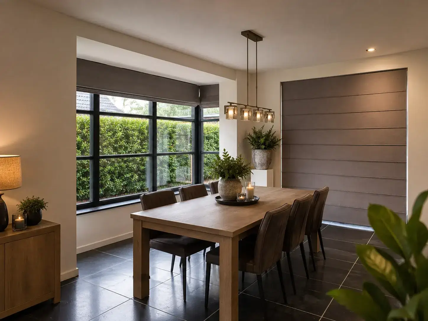 Taupe vouwgordijnen in uitbouw met hoekraam en houten eettafel