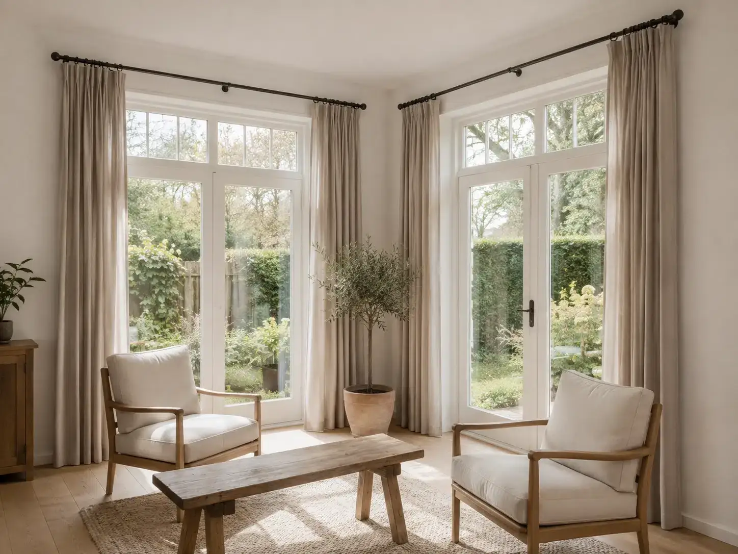 Overgordijnen met dubbele plooi in een lichte woonkamer