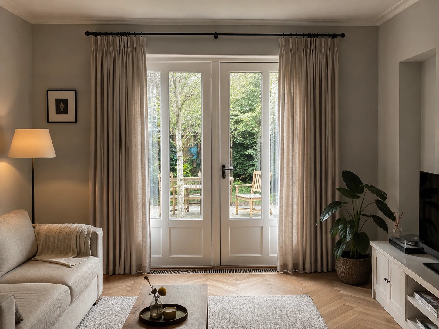 Beige gordijnen bij dubbele deuren