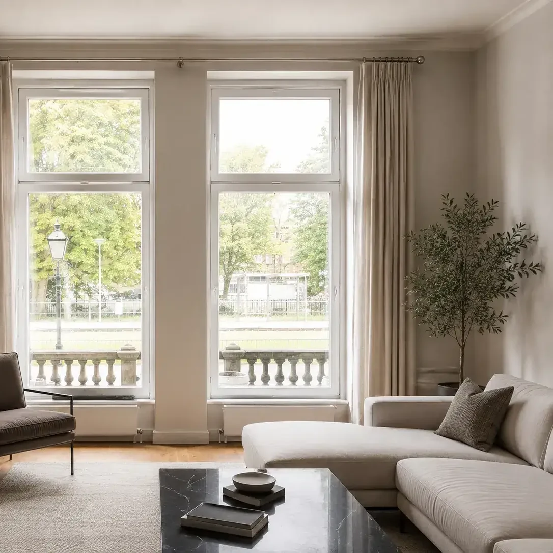 Zwarte gordijnroede met ringen en geplooide beige gordijnen