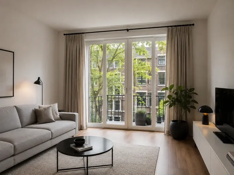 Zwarte gordijnroede met lichte gordijnen in een woonkamer