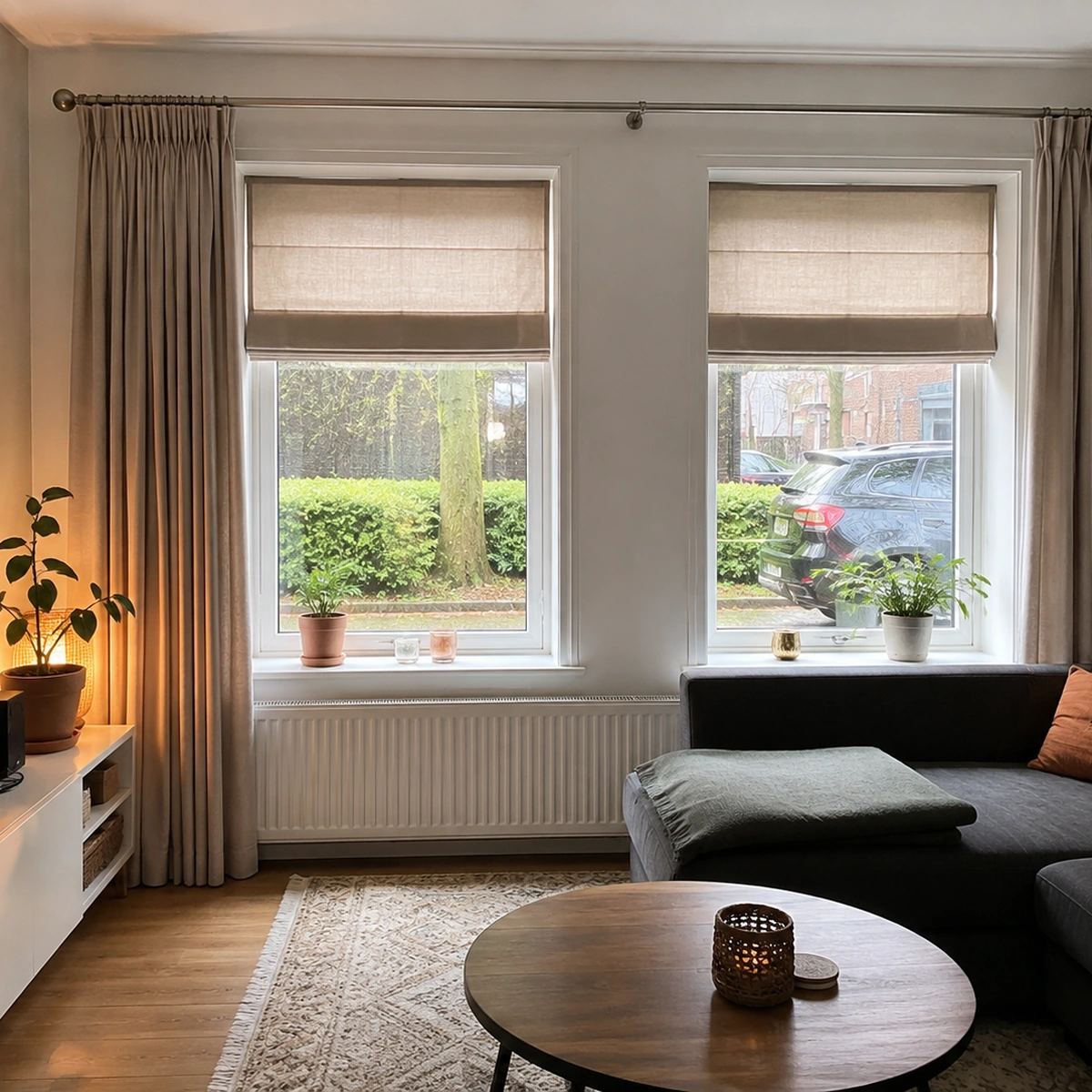 RVS gordijnroede met lichte gordijnen en vouwgordijnen