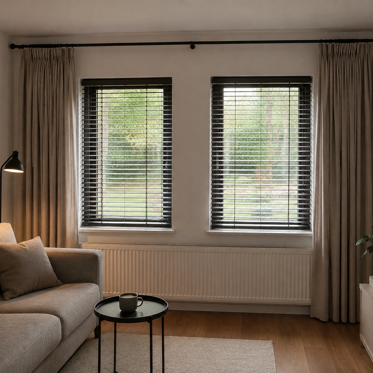 Zwarte gordijnroede met lichte gordijnen in een woonkamer
