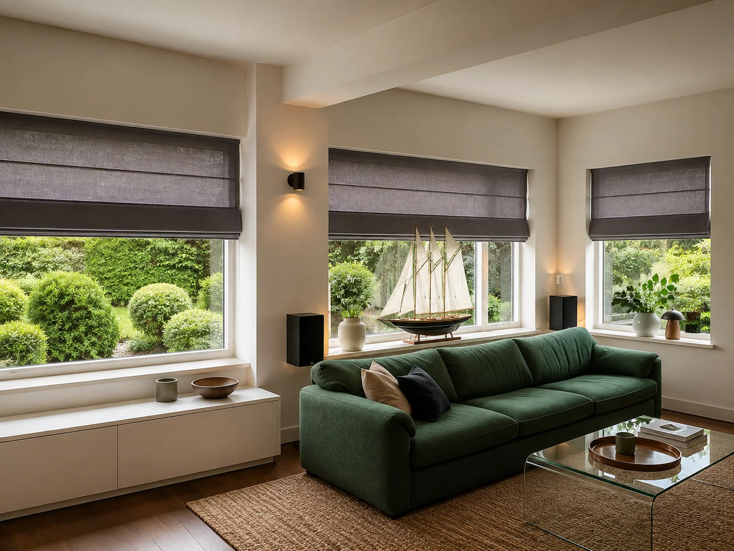Warme grijze vouwgordijnen in een zitkamer