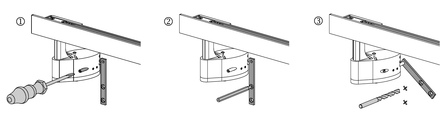 Tekening in drie stappen: schroef in het motorhuis draaien, stabiliseringsstrip met pen aan het motorhuis plaatsen en de gaten in de strip markeren en boren.