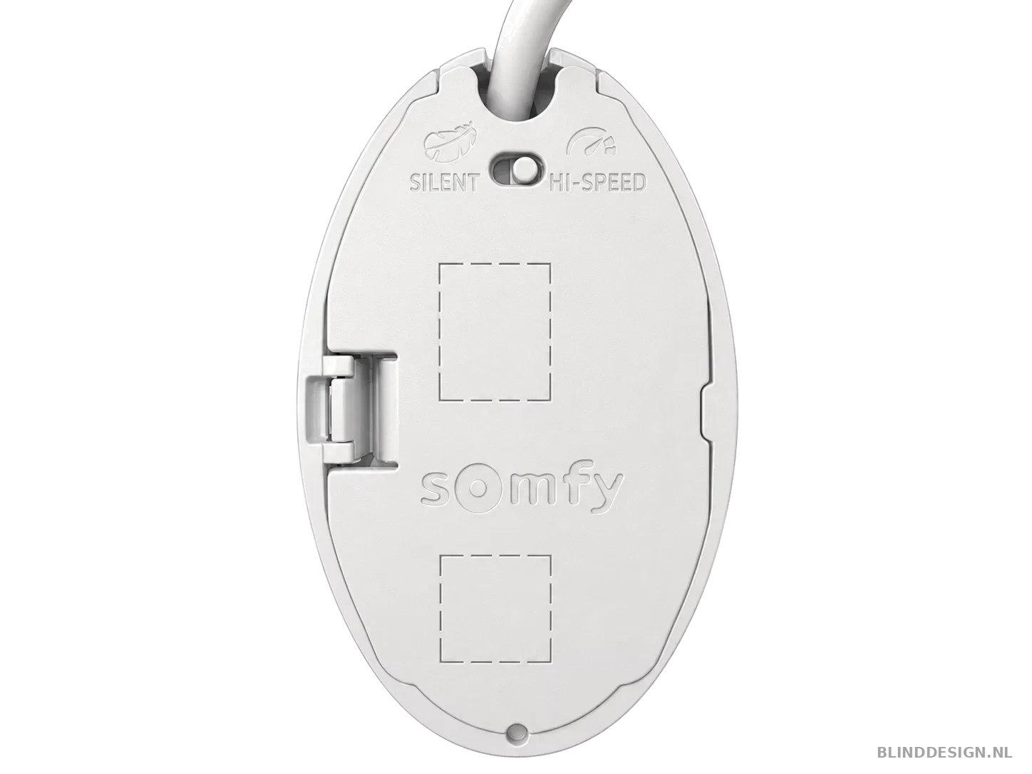 Buitenzijde Somfy Glydea Ultra 60 Zigbee motorkop met SILENT- en HI-SPEED-schakelaar