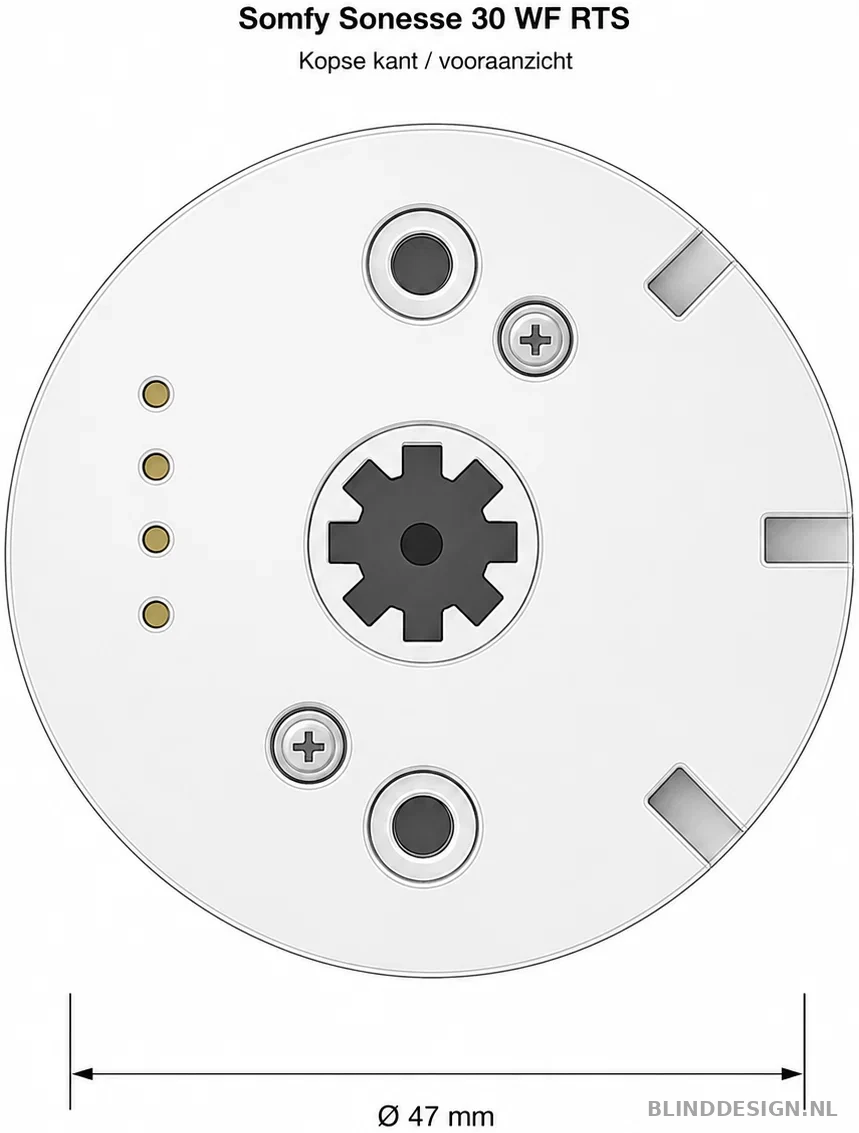 Technische tekening van de motorkop van de Somfy Sonesse 30 WF RTS