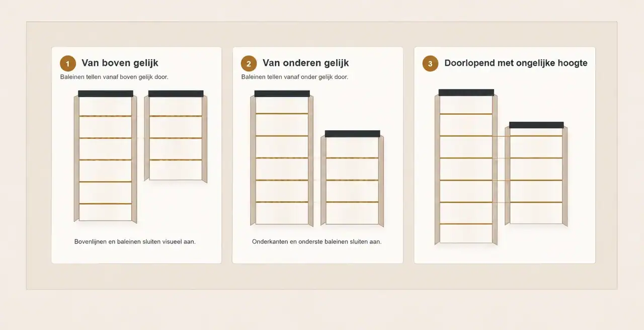 Drie voorbeelden van doorlopende baleinen: van boven gelijk, van onderen gelijk en doorlopend met ongelijke hoogte