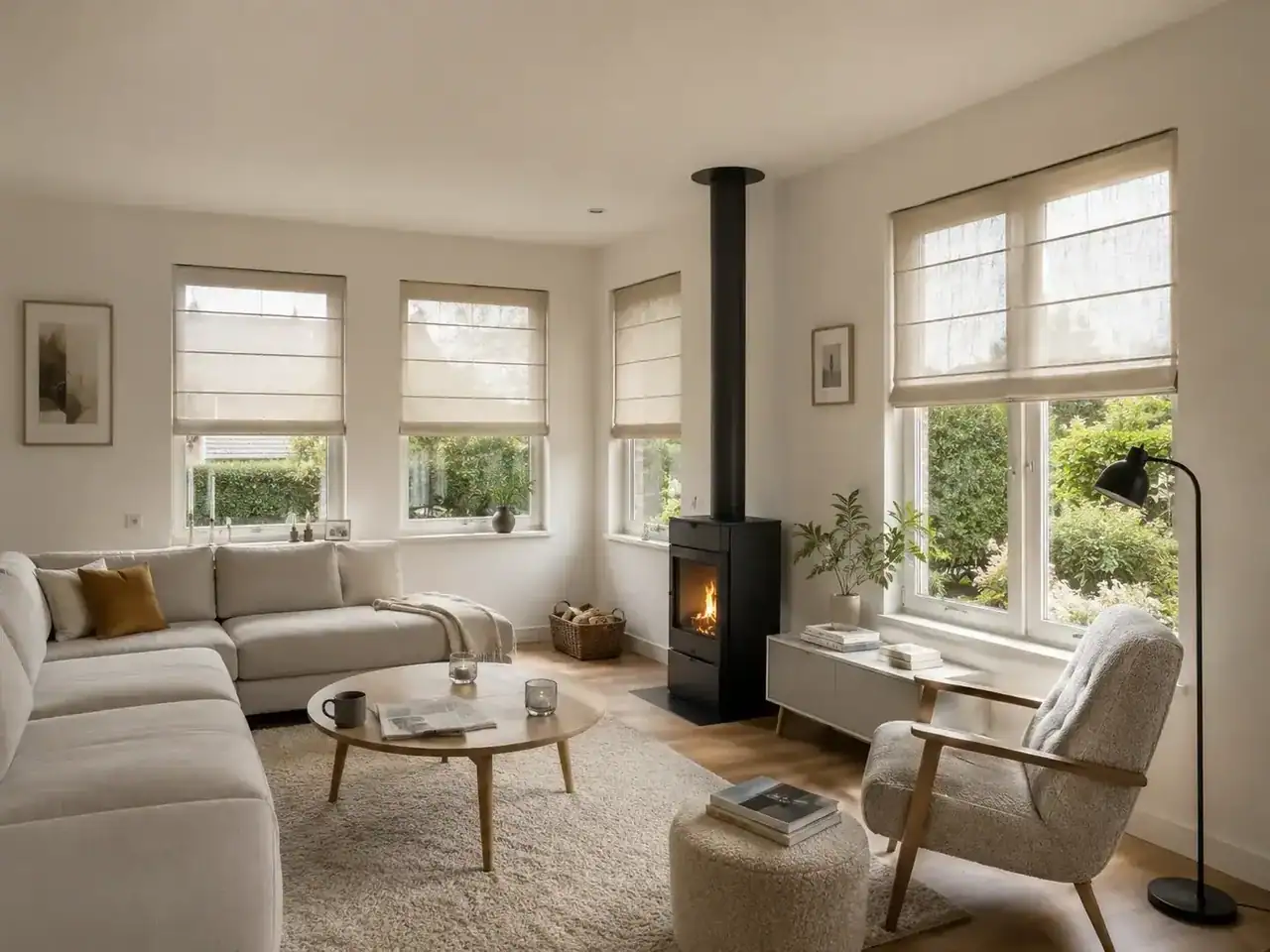 Vouwgordijnen in een lichte woonkamer tijdens advies aan huis