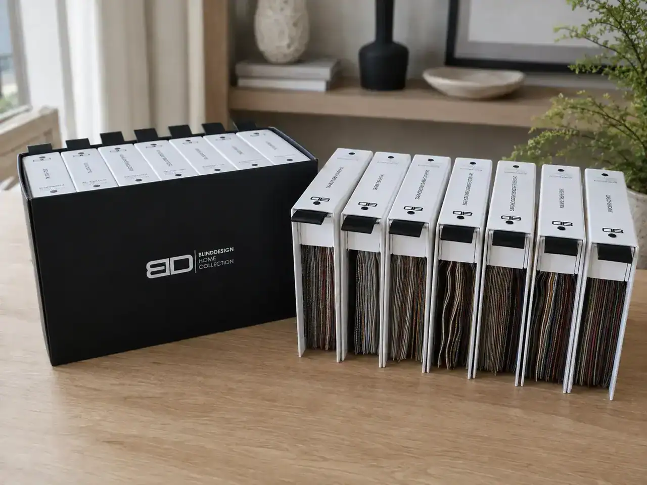 Stofstalen en collectiebox om de afwerking thuis te beoordelen
