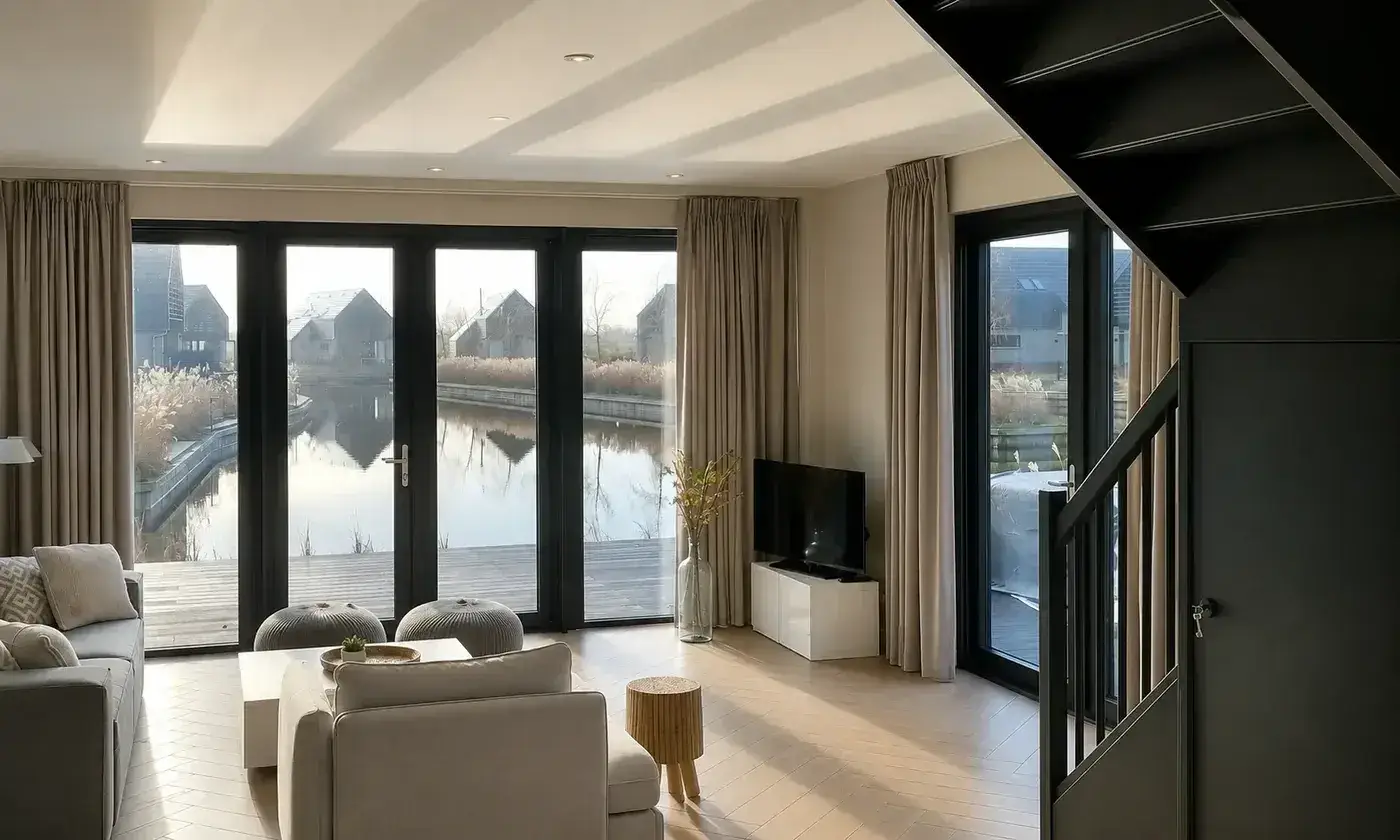 kamerhoge gordijnen in een woning met grote ramen aan het water