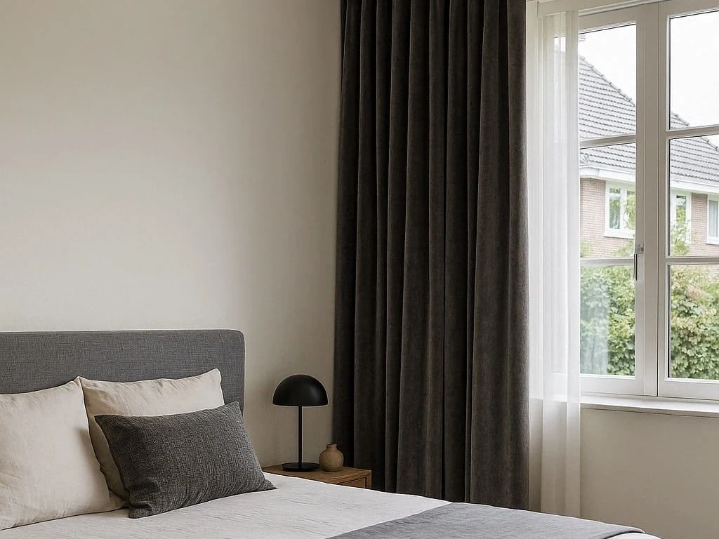 Donkergrijze velours gordijnen in een rustige slaapkamer