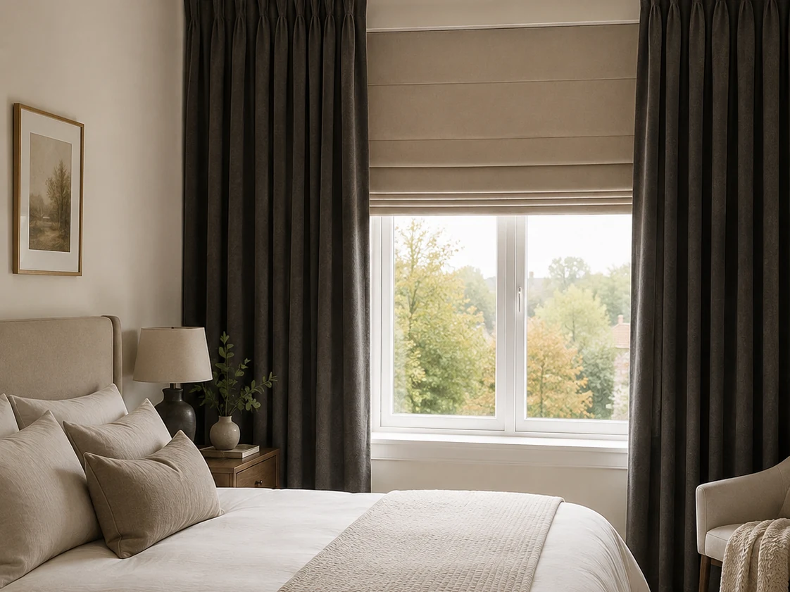 Donkere velours gordijnen in een slaapkamer