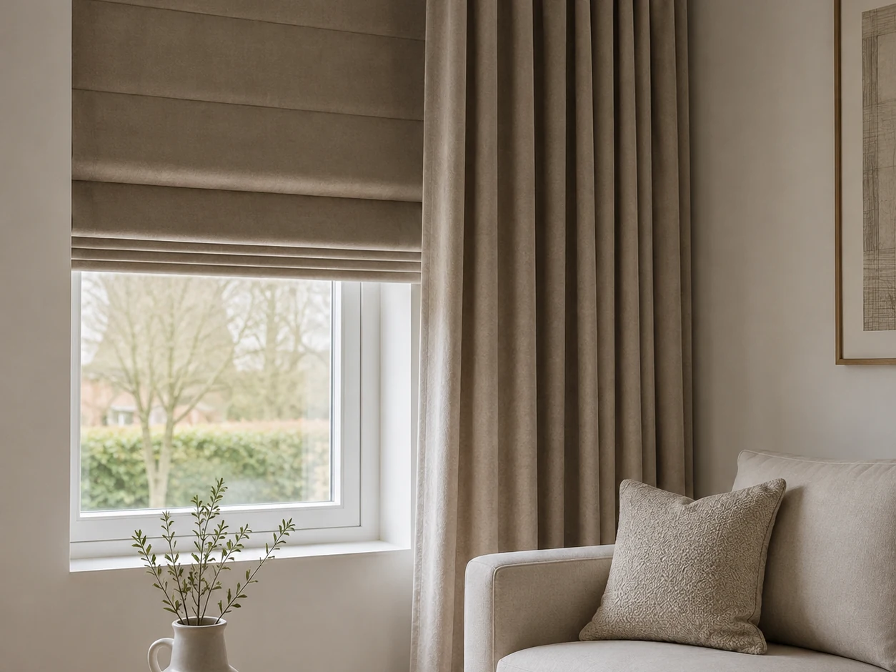 Taupe velours gordijnen met een bijpassend velours vouwgordijn in een rustige woonkamer