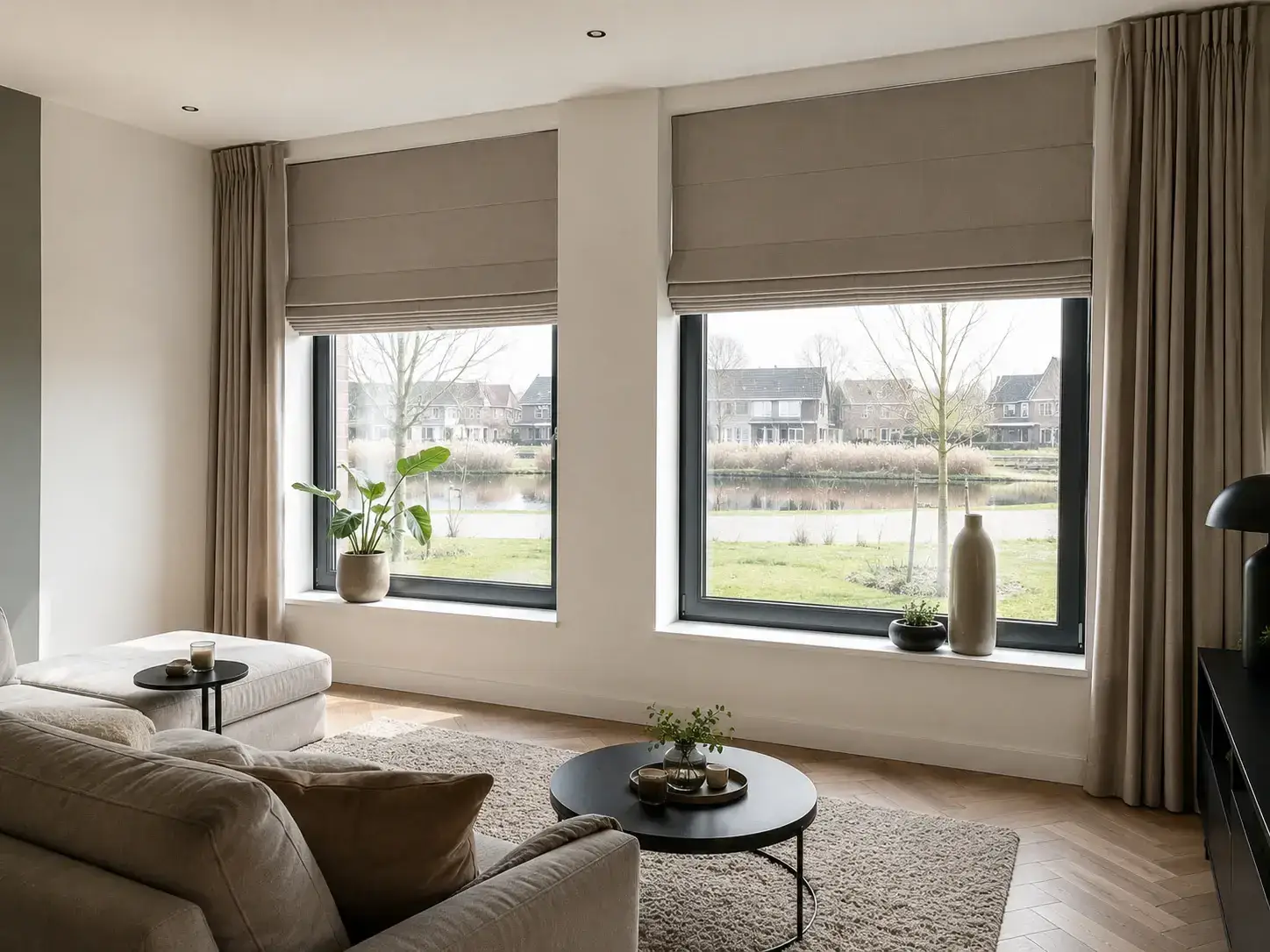 Luxe woonkamer met verduisterend gevoerde vouwgordijnen en overgordijnen
