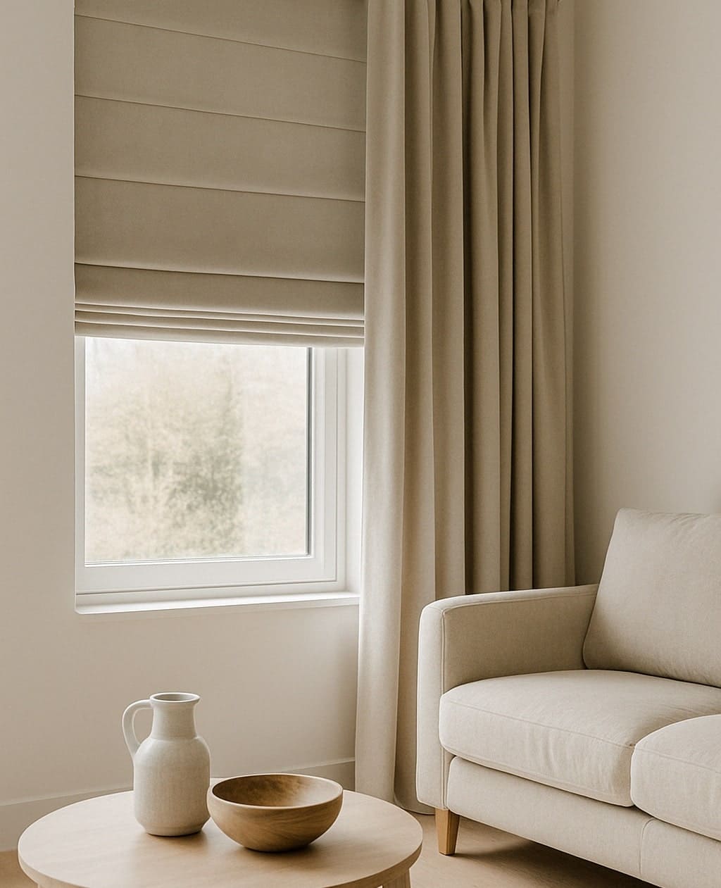 Beige velours vouwgordijnen en gordijnen